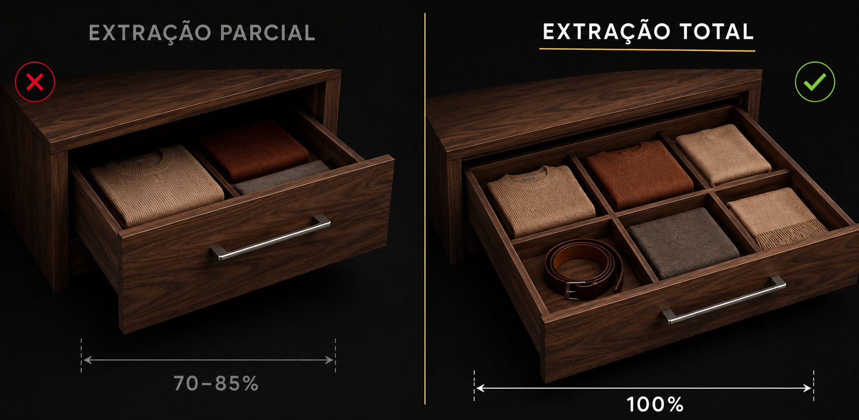 Comparativo extração parcial vs extração total em gaveta de madeira — Marcato Alta Marcenaria