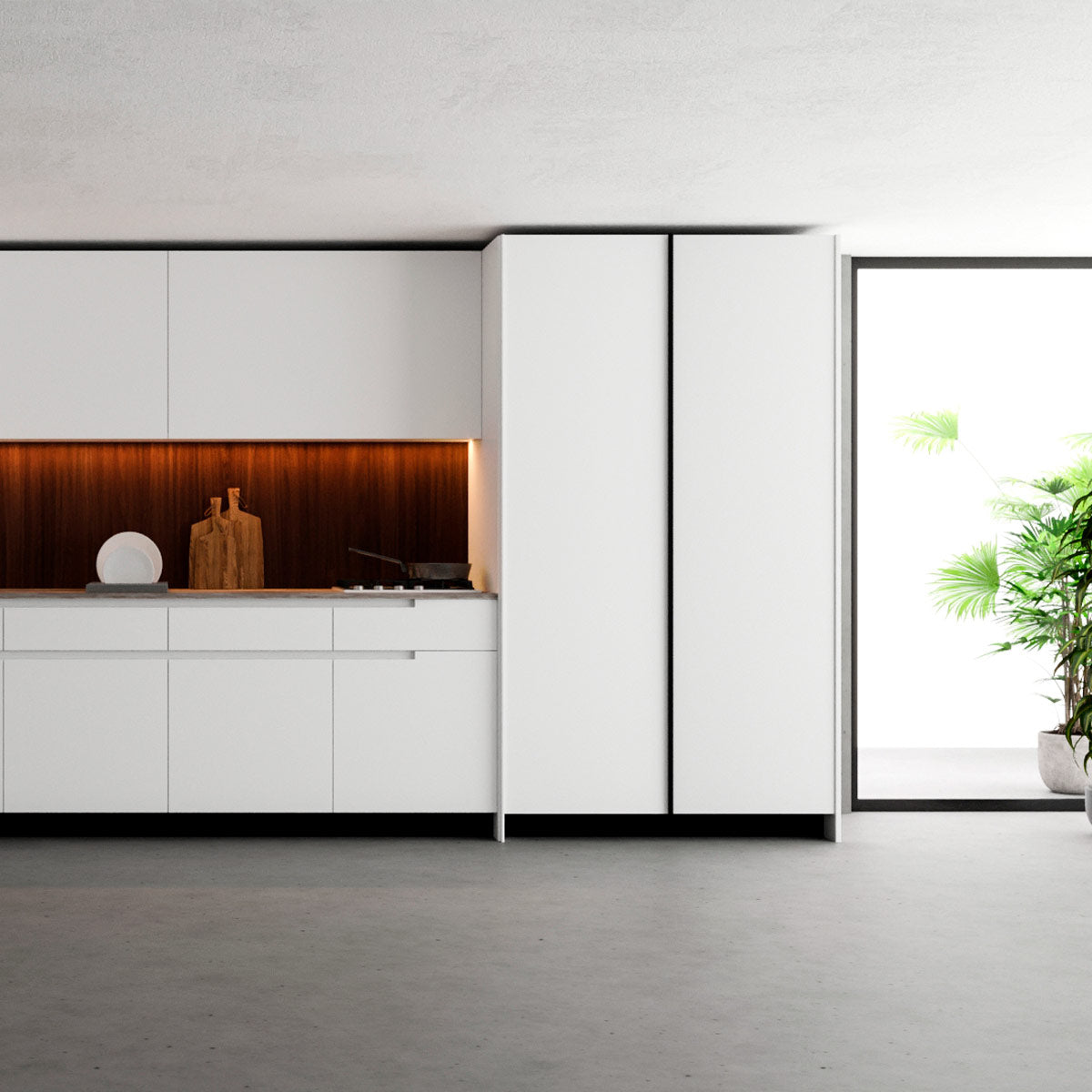Cozinha Time Profilo Marcato sob medida com puxador usinado linear na porta em pintura microtextura