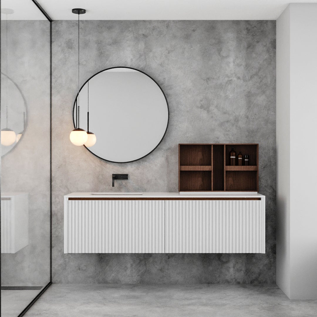 Móvel de Banho Spazio Vertical Marcato sob medida com perfil de puxador integrado vertical em microtextura