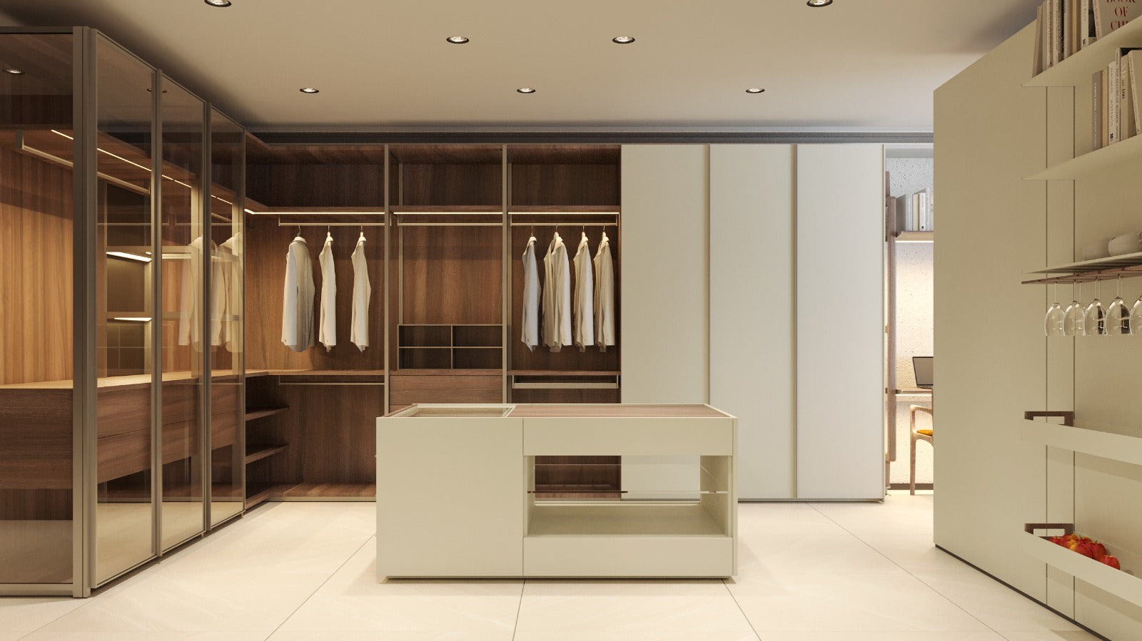 Walk-in closet de alto padrão Marcato com armários em nogueira americana, portas de correr em vidro com perfis em alumínio, ilha central em laca off-white com nicho e gaveta, adega lateral com porta-taças e iluminação LED integrada. Acabamentos em microtextura.