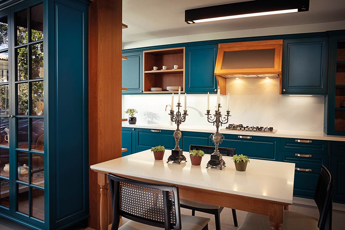 Cozinha Bellagio Marcato — ambiente integrado em microtextura Danúbio com puxador aplicado