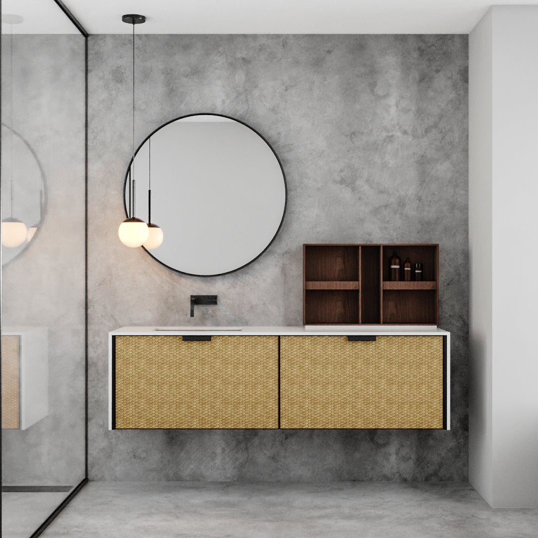 Móvel de Banho Varenna Marcato sob medida com palha natural e perfil em alumínio para lavabo