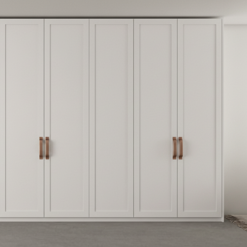 Dormitório Vintage Marcato sob medida com molduras em relevo e marcenaria artesanal contemporânea para closet