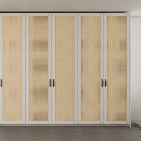 Dormitório Frame Palha Marcato sob medida com moldura estrutural e palha natural tramada para closet biofilico